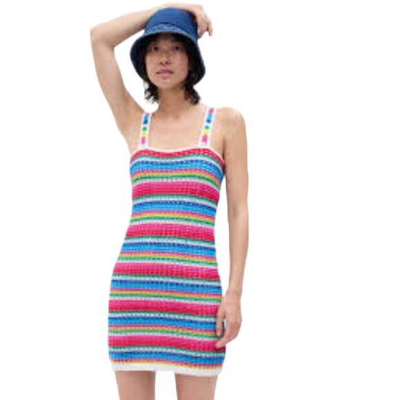 NWT Rainbow Crochet Mini Dress Medium Strappy Summer Festival Boho Coachella - Picture 2 of 7